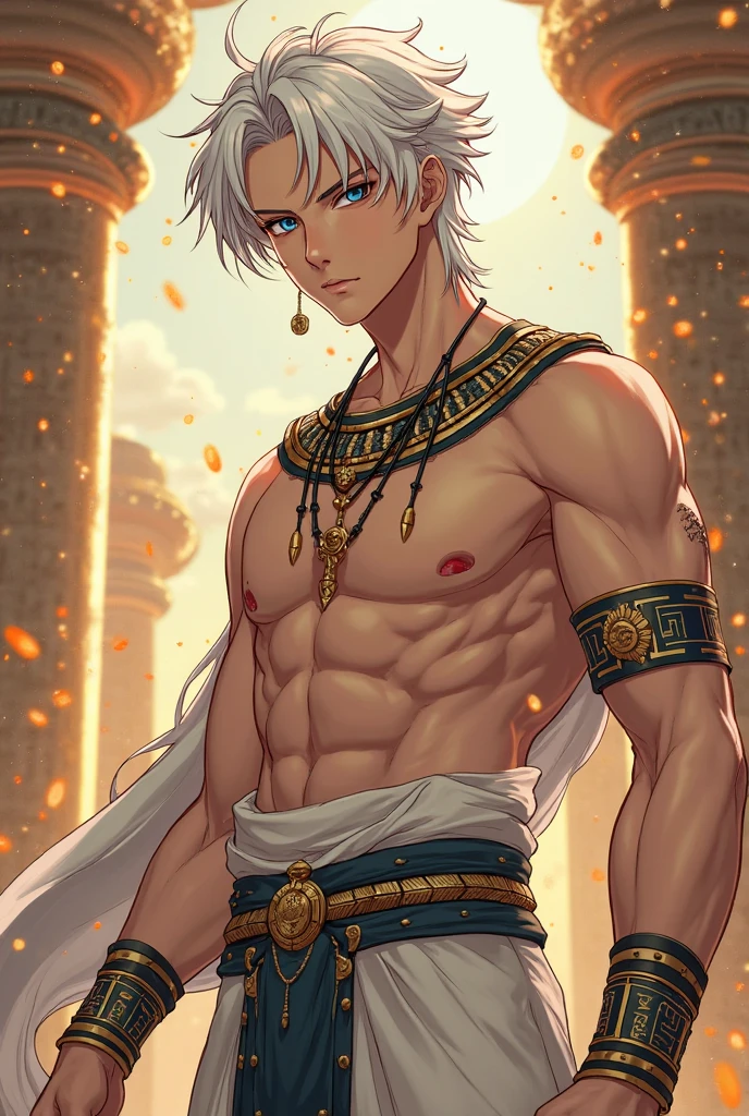 (masterpiece:1.3),(最high quality:1.4),(Very detailedな:1.5),High resolution,Very detailed,8k,artwork,High level of detail,rendering,high quality,Wide range of colors,wallpaper,Dark fantasy.((One anime young man))Silver Hair,Berry Berry Shorthair,Just short hair,Thin silver eyebrows,Red eyes,Dark circles around the eyes,Handsome,His face is a fearless smile,An evil look,(The clothes are Greek mythology-inspired fashion.)Fashion of the Grim Reaper like in Greek mythology、Topless、The background has a golden aura。Dynamic pose。