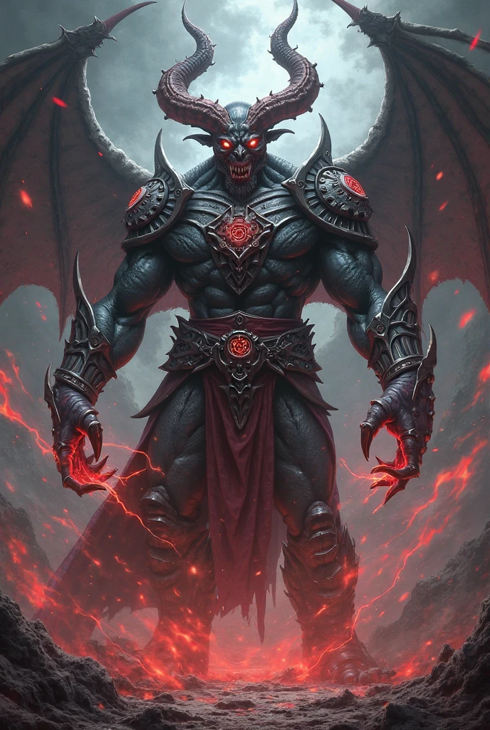 When Azrakor enters his demonic form, his appearance undergoes a frightening and powerful transformation. His fur, before a dark gray tone, becomes even paler and stiffer, as if being hardened by an inner force. Bright red veins run all over his body, pulsing with demonic energy, and his eyes light up a flaming red, radiating an intense and threatening light.
Your arms transform completely, becoming two grotesque super machine guns that seem fused to his flesh and bones. The metal of the machine guns is a dark red, quase negro, with an oily sheen that reflects light in a sinister way. The weapons have intricate details, with little spikes and claws coming out of the pipes, and glowing demonic runes etched across the surfaces, that emit a red glow. Machine gun barrels are elongated and organic, looking like nerves and tendons that have been transformed into a living metal.
His shoulders and chest are reinforced by a natural carapace, feita de bloodstains coagulado e ossos, that molded itself to his body like a grotesque armor. This shell protects your vital areas and has sharp spikes that come out of your shoulders and forearms., giving him an even more intimidating appearance. Your mouth is half open, revealing sharp, elongated teeth that now look like claws ready to tear flesh.
Behind him, its black wings grow and expand, with the edges glowing a fiery red. They appear to be covered in a viscous liquid that glows with the same menacing intensity as their machine guns., creating a striking contrast against the darkness of their feathers. A auréola de bloodstains sobre sua cabeça se intensifica, spinning rapidly and releasing small sparks of red energy, that crackle in the air, creating a halo of evil power around him.
The whole of his transformation is a terrifying spectacle.: a fusion of flesh, bloodstains, and metal, where Azrakor becomes the p itself