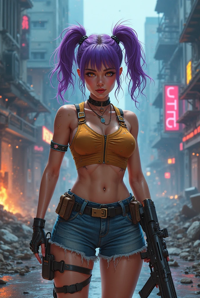 ((Obra maestra, La mejor calidad, Ultra detallado)), ((anime artstyle)), solamente, cuerpo completo, dynamic  pose, Jinx de League of Legends, cabello azul, Coletas trenzadas, ojuelos, Cara detallada, Mirando al espectador, (armas: espinas de pescado, Pow-Pow, y Zapper), Tatuajes, Vestimenta punk, Botas hasta la rodilla, sonrisa traviesa, Fondo explosivo, Dynamic Angle, cinematic lighting, ((action scene)), Ambiente de juego, alto contraste, ((Detalles finos: tatuajes intrincados, textura de la ropa, Detalles del arma)), ((Efectos coloridos: Fuego de armas, Explosiones))