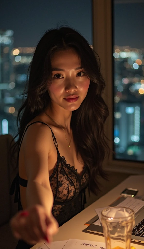 “Create an HD Ultra Realistic 8K image of Young Attractive Asian Woman Sophie Tan in a modern loft setting. She is wearing a black and gold lace lingerie set, standing by a large window with city lights sparkling in the background. Sophie is posing with one hand on the window frame and the other running through her hair, exuding confidence and allure. The loft features sleek, contemporary furniture and soft, ambient lighting. Capture this scene with a cinematic camera using a 35mm lens, focusing on Sophie’s striking pose and the contrast between the lace and the city lights (1.3). The urban backdrop should be softly blurred, creating a bokeh effect that highlights Sophie’s seductive presence (1.2). Post-production should enhance the glow of the city lights and add a slight film grain to give the image a stylish, modern feel (1.4).”