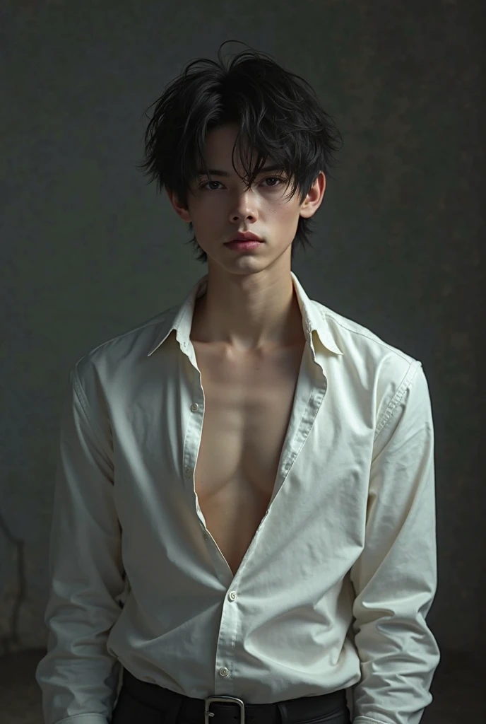 Handsome Japanese male model Black Hair Beautiful Skin Slim and muscular face shoulder, nude, Cum on chest and stomach, Photo slightly subtracted 童faceでカメラを見る no background Upper body