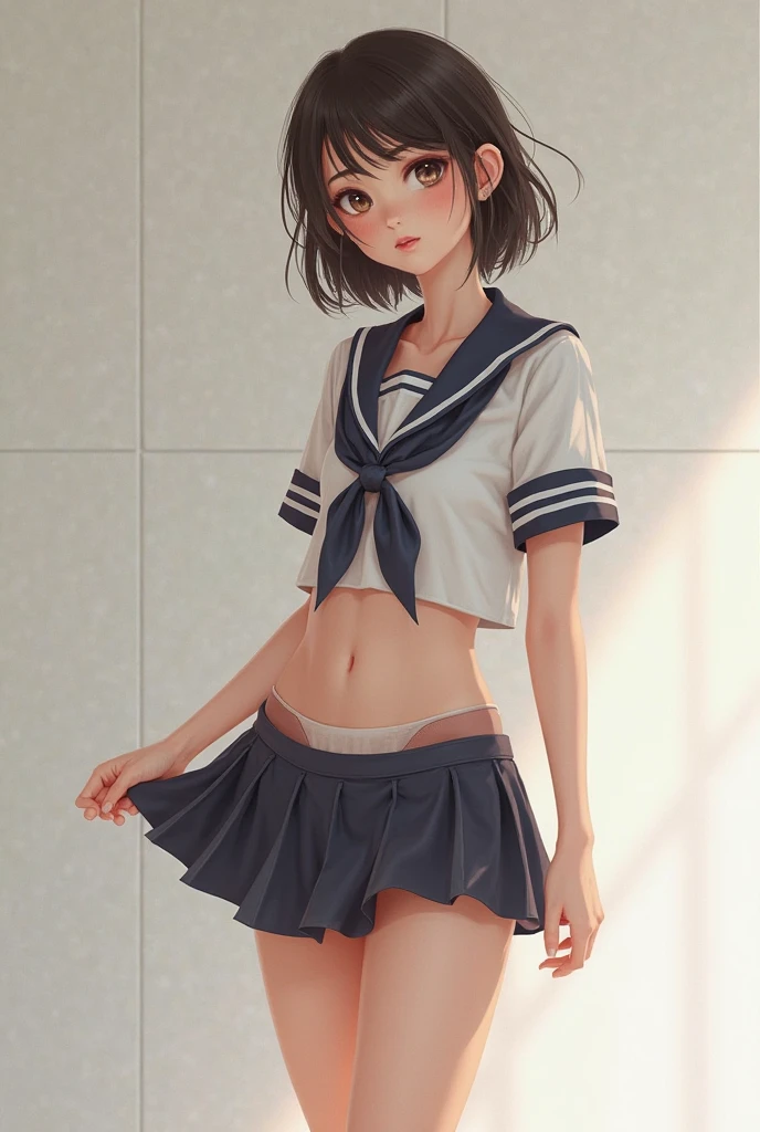 Realistic body and anime face,(1 female),Black Hair,short hair0.7,(Short-sleeved white sailor suit),Crop top:2,pleated gray skirt,very short skirt:2,very low rise:2,((no pants)), Flip-up skirt:2,Muscular thighs,very beautiful abs, slim body,