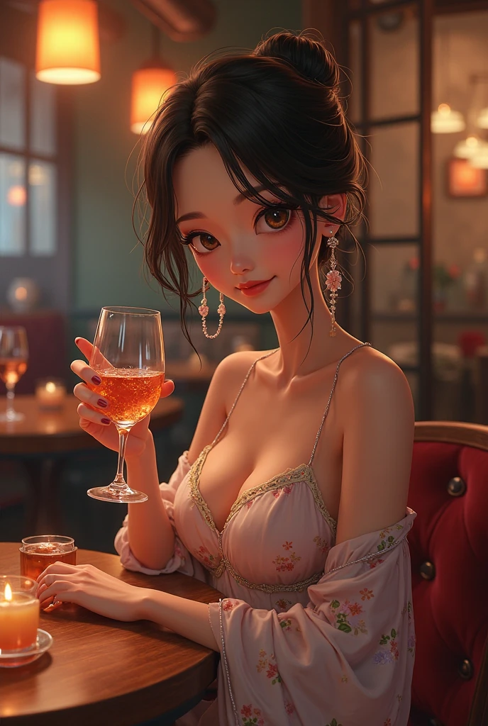 Mucha rough sketch style , Hallucination, daydream , nightmare , Insane Dream , bokeh , erotica , realistic Japanese female mouse , round face , Seductive eyes , (Cleavage:0.7) , realistic long nose , Bar, Cocktails , cheese