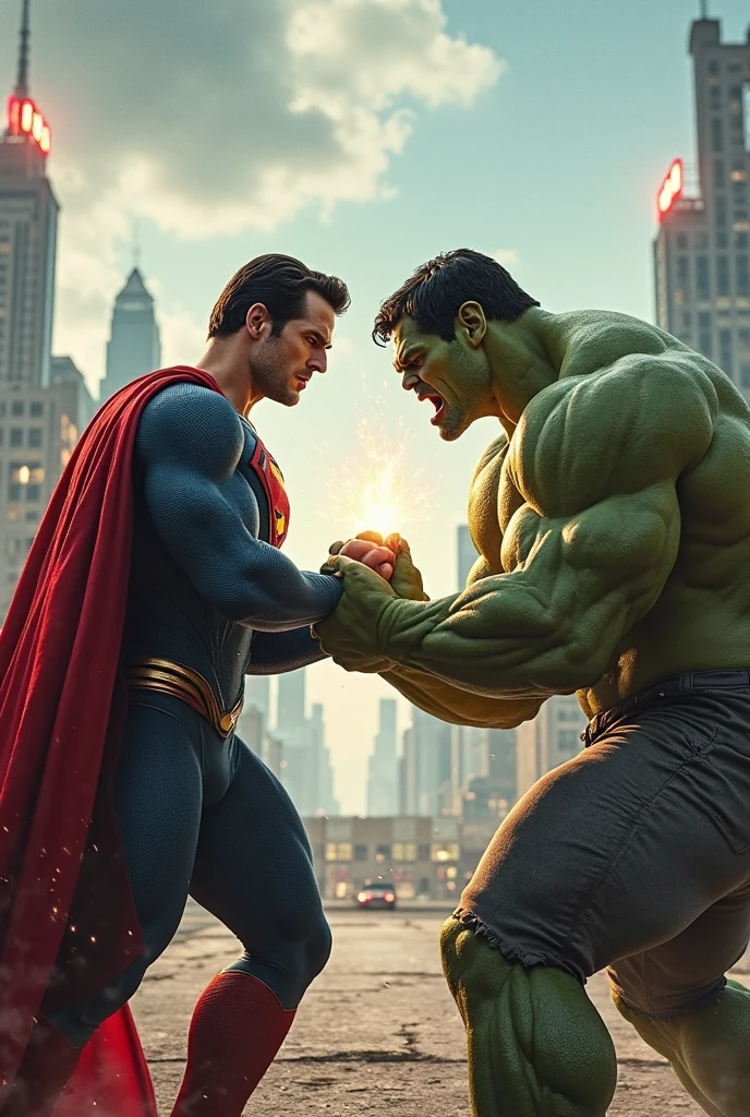 Hulk in ironman suit standing face to face with superman in landscape