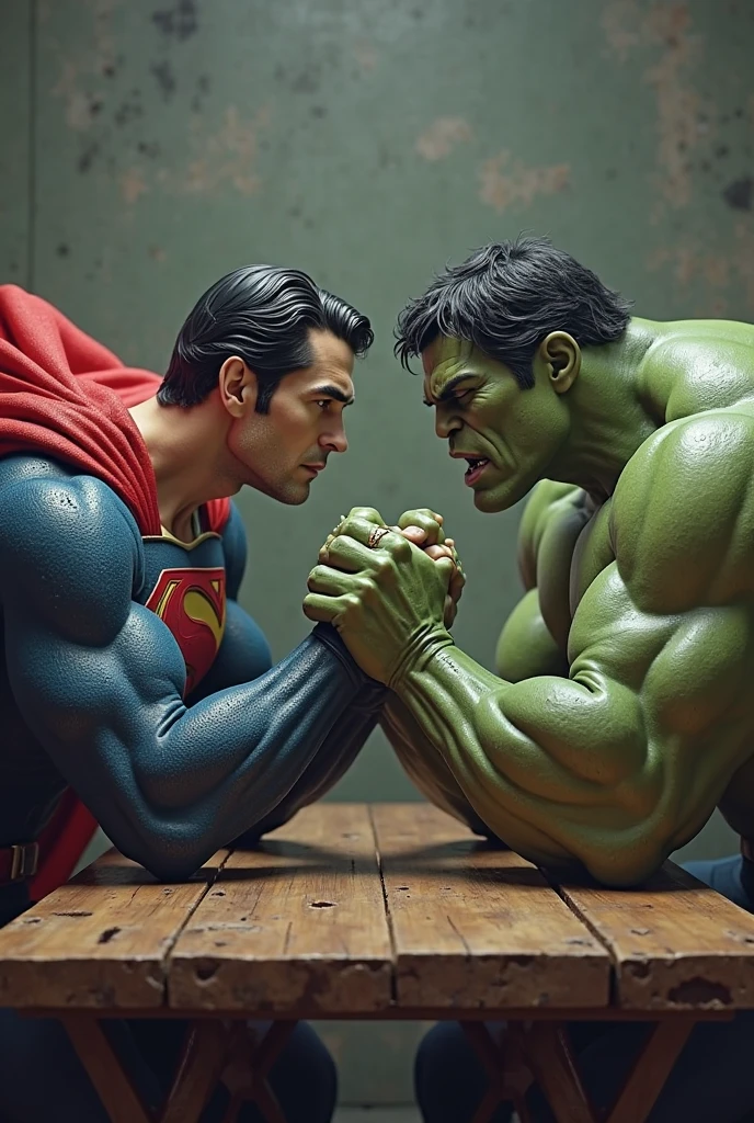 Super man and hulk inside the boxing ring super man punch the hulk face  super man very angry face reaction and hulk face very shocked super man hand wearing boxing glubs super man punch his face and hulk face bloody 