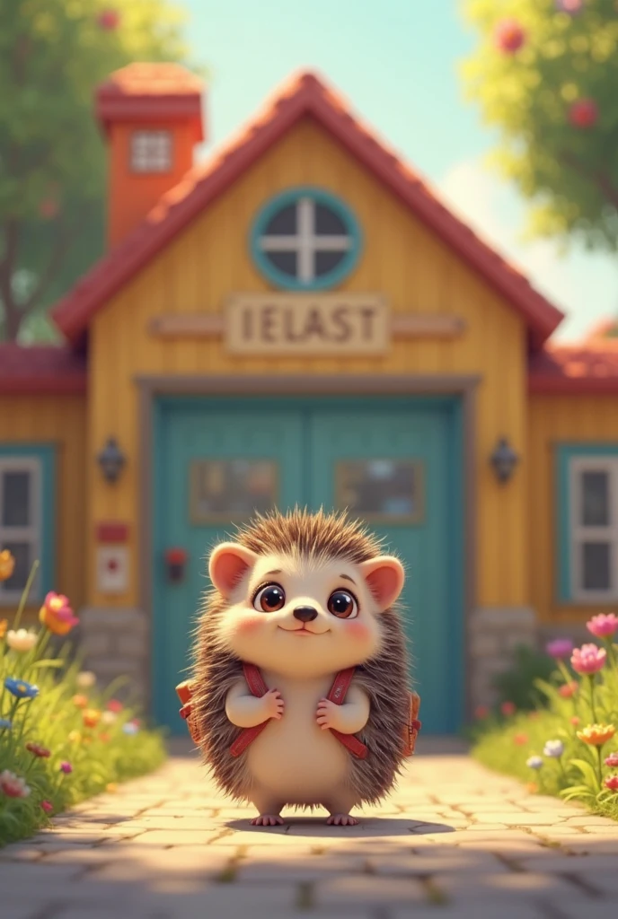 A happy brown hedgehog on top of a green pipe in a square at sunset