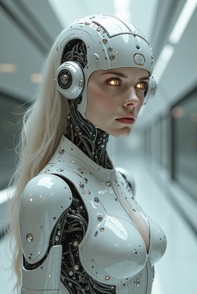A beautiful blond-haired female robot, wearing no clothes, naked, with small breasts and a V-line figure, standing upright, full body, looking at computer screen (best quality,4k,8k,highres,masterpiece:1.2),ultra-detailed,(realistic,photorealistic,photo-realistic:1.37),extremely detailed face and body, detailed facial features, detailed eyes and lips, highly detailed skin, shiny metallic body, intricate mechanical details, advanced robotics, advanced technology, science fiction, cinematic lighting, dramatic lighting, moody lighting, cinematic atmosphere, vibrant colors, warm color tones