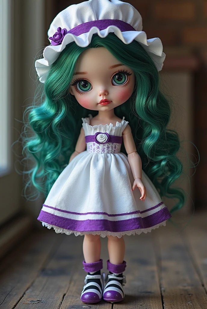 Blythe doll, mint green hair at one side of the hair, dark brown at one side of the hair, micro bangs, short hair length, straight hair