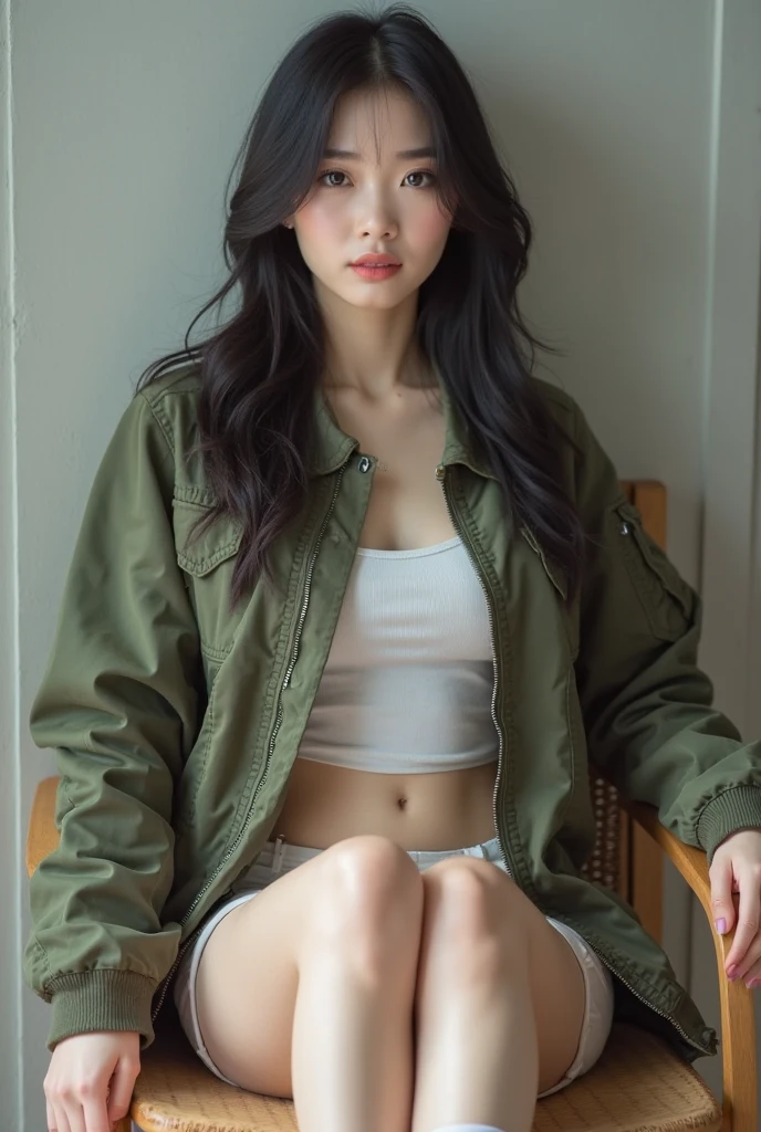 (masutepiece), (Best Quality), Realistic, Photorealism, 1girl in, Beautiful Girl, Perfect face, Perfect body, Sexy, (((Upper body wearing only moss green MA-1 jacket)))、(((Do not close the zipper))), No bra, Braless, Smile、Taut、Toned waist、fascinating butt、Don't wear panties、(((Wearing MA1 jacket only)))、Wearing a pistol holder on the thigh、Smile full of happiness、Attractive pretty woman、Detailed cute big blue eyes、Detailed cute face、complexion with good blood circulation、pink cheek、Dark brown medium hair、(((stick out)))、 (harden  )、(((The upper body is almost naked,)))、(((Pubic hair is visible in the crotch)))、(((Lower body naked)))、(((Panoramic view of the lower body)))、(((Trying to hide the crotch with your hands)))