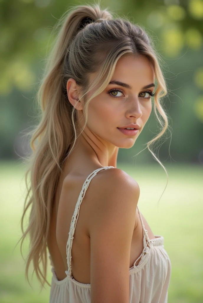 A beautiful woman, realistic, professionally, 8 K high definition, blonde hair with braids, exciting smile, without showing the face, bun hairstyle, professionally graduated color, intricate, backlit edge light, rimlight, golden hour light, bright lips