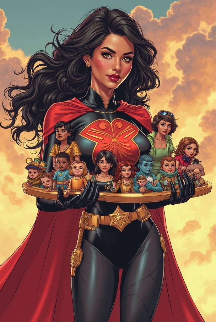 (whole body),(Person Divination Screen 的 1/2),John Romita Sr. (John Romita Sr) artistic inspiration,Looking at the audience,A young superheroine with long black hair holds a baby in her arms in a gorgeous universe,Floating in the Milky Way,Grand and detailed background,Young superheroine with long dark hair hugging a baby,Center in the middle of the screen,blue eyes covered by iconic mask,Mid-chest,thin waist,Wearing a custom-made tight uniform,Uniform colors black and yellow,exuding powerful energy, In front of us is the galaxy universe,whole body,detailed art,Art Director John Romita Sr,masterpiece,Best quality,Extremely complex details,Bright colors,8K.