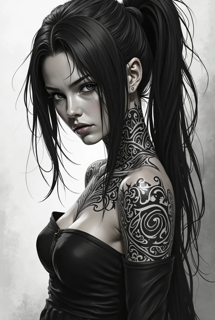 Create an elaborate piece of artwork featuring a female figure with tattoos. The style should resemble intricate black and white illustrations, showcasing fantastic and grotesque elements. The painting should depict detailed character illustrations with a sense of reflection and stillness, incorporating chromepunk aesthetics and fantasy characters.