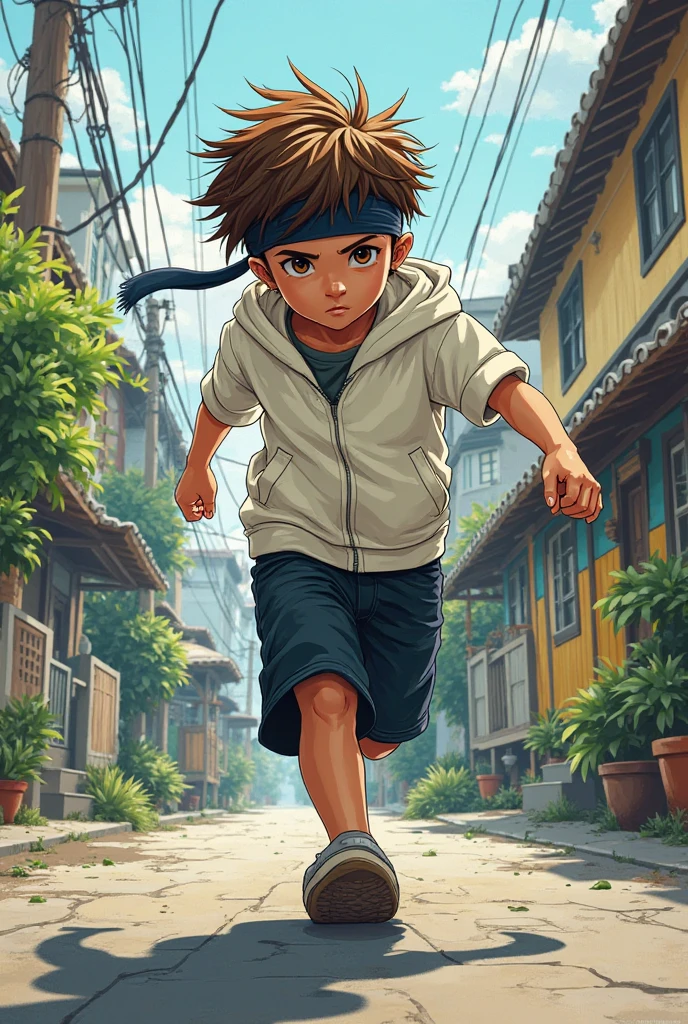 The shirtless boy is running away from someone through the buildings of the ancient city