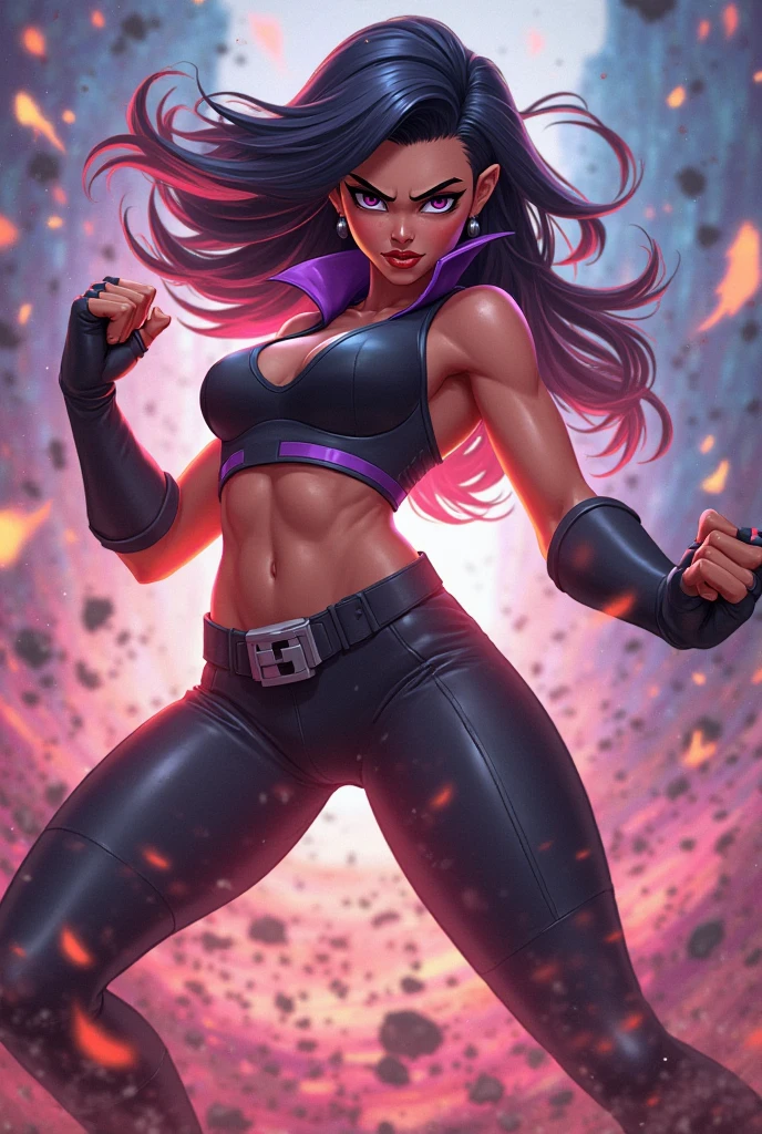 Amara, short black hair,ponytail, purple eyes ,lipstick ,toned , blue left arm tattoo, dark skin ,nail polish, scars, standing, arms on hips, upper body, smiling, flexing, grin, closed fists,
AmaClot, (right fingerless glove) ,ear piercing,earrings,midriff ,crop top,torn clothes ,vest,bracelet,pants,boots,necklace,belt , right forearm bandage,
spaceship, window, stars milky ways, purple themed room, purple walls, gym, dark room, purple lighting,
(insanely detailed, beautiful detailed face, masterpiece, best quality) <lora:Amara:0.7>