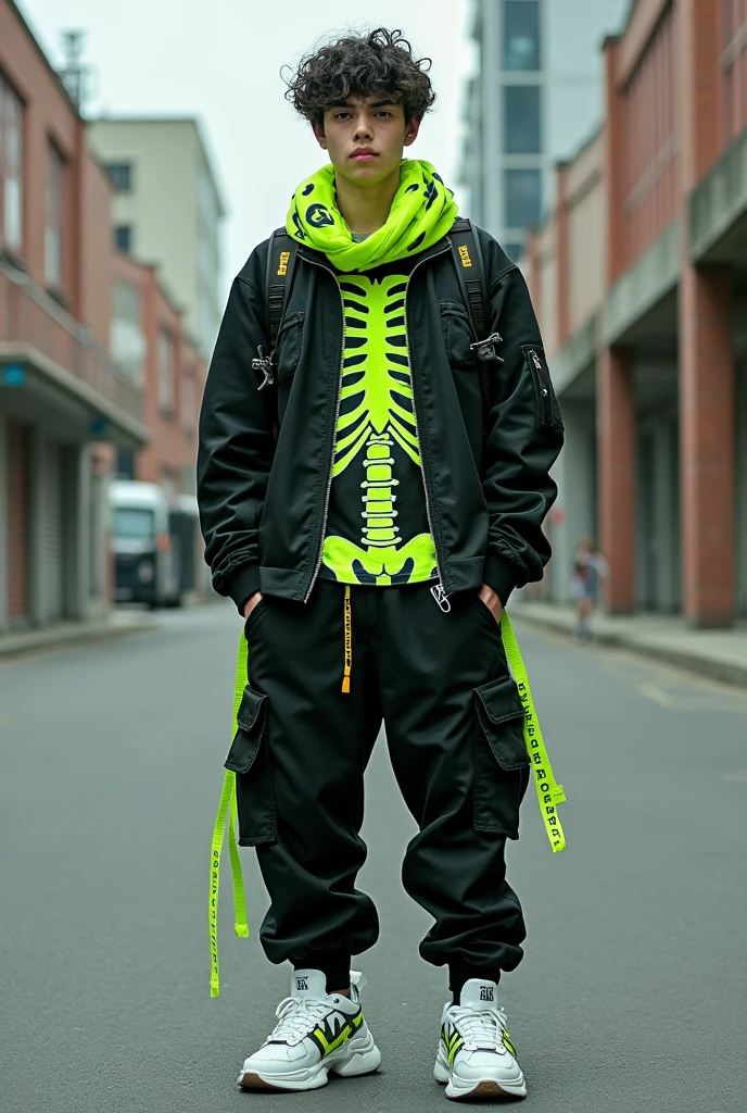 (((Model Figures，Q version，Candy Punk Character Design，Lovely)))，(((Skeleton，Unique，joint, Peaked Cap，Glowing eyes，Big Head)))，(((Colorful fluorescent loose coat，Loose shorts，Hip Hop，sock，Big shoes)))，The whole body is rich in detail,Complete and detailed body，Exaggerated body movements