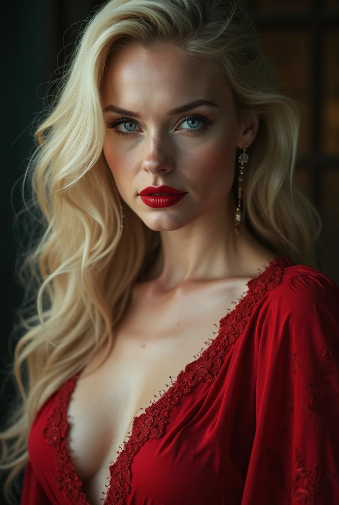 self-portrait, cute beautiful pretty vampire woman, silky blonde hair, gold eyes, (attractive and seductive) and (amorous and lewd) expression, wearing red lace gothic dress, shading, shadows, contrast, conceptual installation art, 2.5D, delicate and dynamic effects, iridescent effects, artistic, hyper,