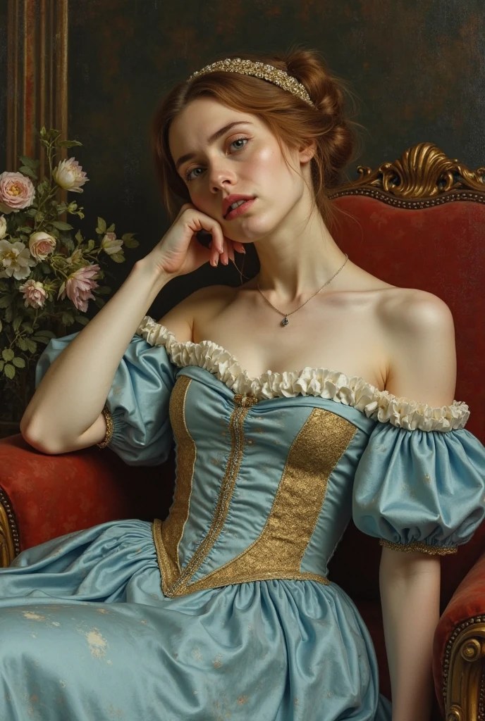 an oil painting, top-quality, masterpiece, 1girl, Dresses from the Belle Époque era, Noble lady, French cityscape, Marie Antoinette, Lady, decolletage, huge breasts,