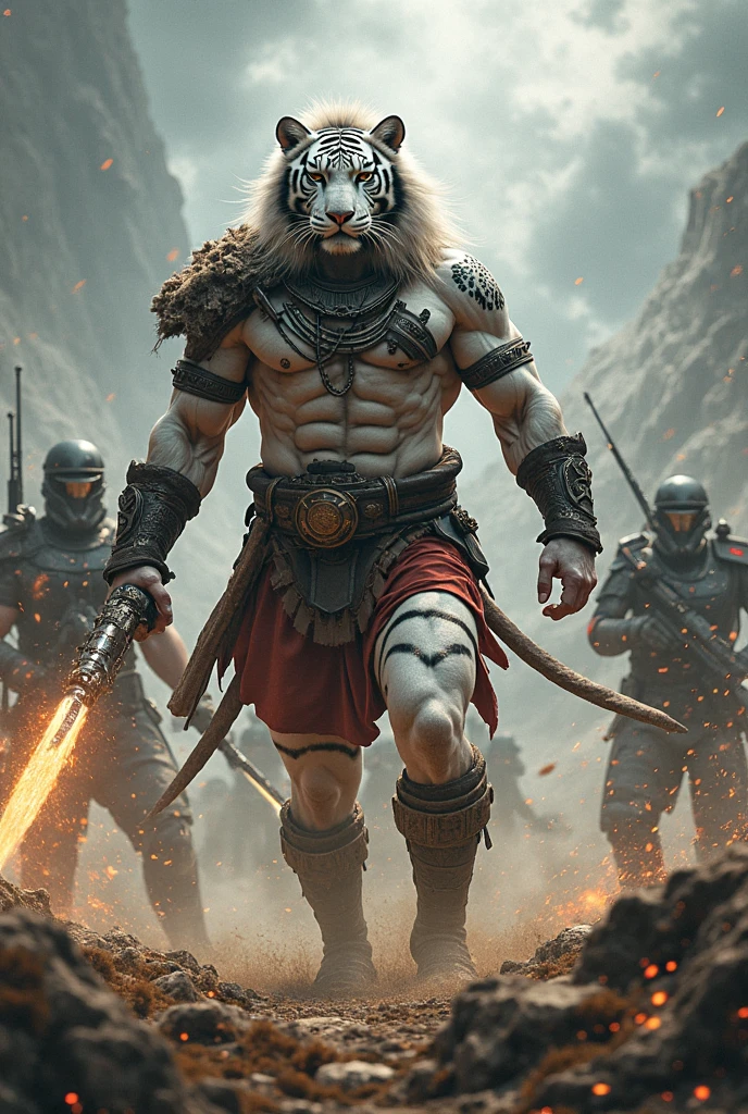 Two warriors: A humanoid lion warrior, wearing a belt that says PWW, along with a white tiger also humanoid, facing a horde of human zombies.