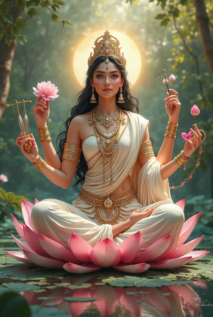 A beautiful picture of indian goddess mahalaxmi sitting on lorus and other lotus surrounding.