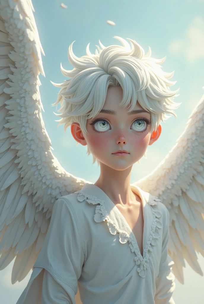 An angel boy, looks thoughtfull and a bit depresses, mostly pale colors , he has white wings, he wears full black , sitting, his hairs are white --auto --s2