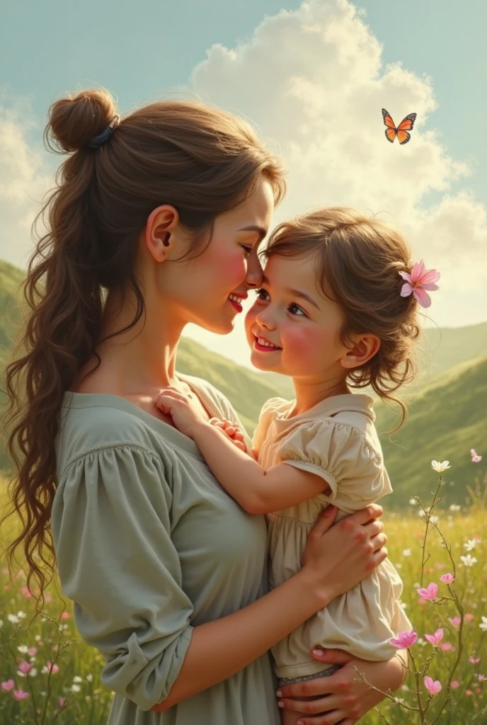 A mother holds her child in her arms, her lips kiss her child's cheek, warm pictures, illustrations, flat style --auto