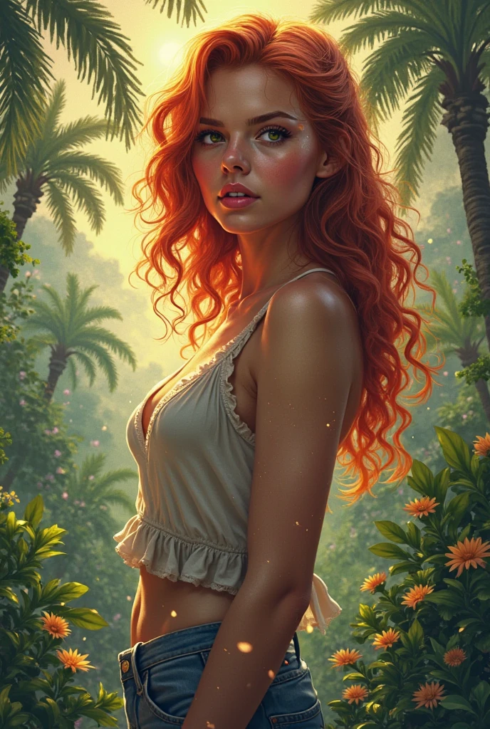 A Brazilian woman with dark skin and short shoulder-length red hair in a tree-lined location 