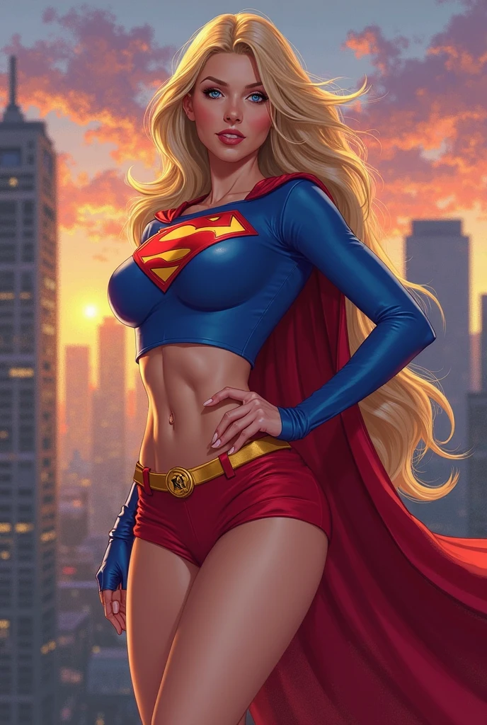 nijistyle, Cowboy shot of beautiful woman in Superman costume, the iconic red yellow and blue with a just wearing red panties, holsum and strong looking facial features, Long Blonde Hair, Heroic, cape, Particle, Clouds, skyporn, Red boots, Sexy hero Pose, large udder,