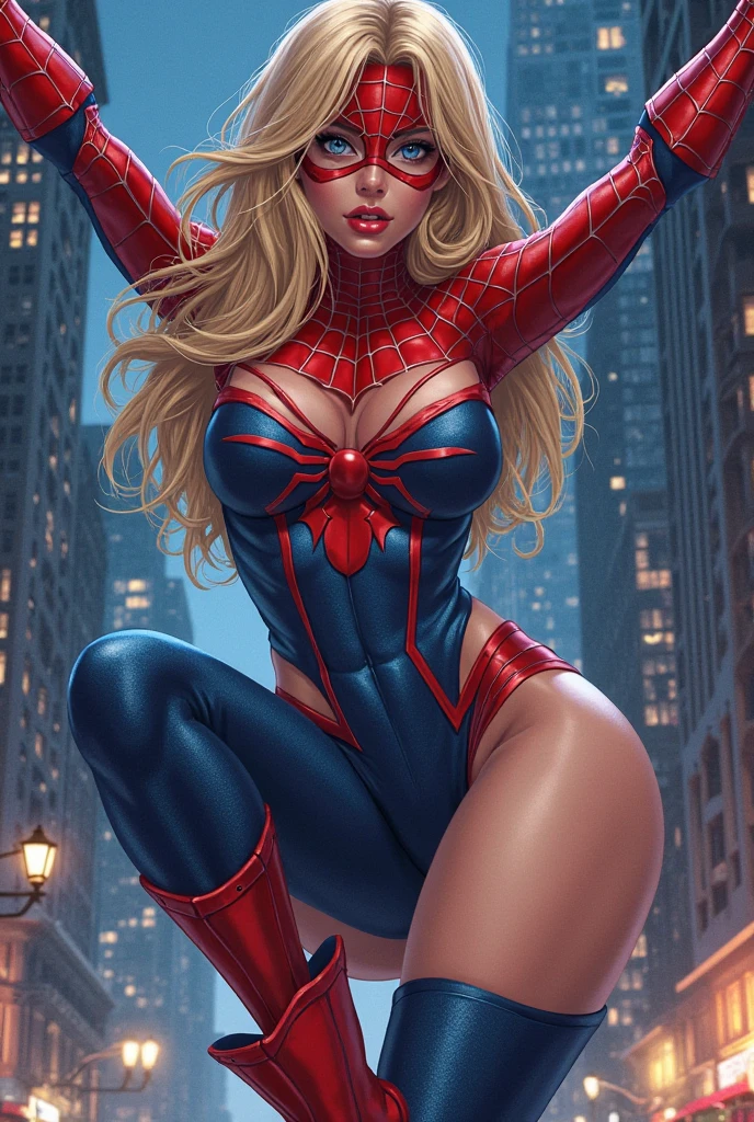 A girl,Wearing a Spiderman swimsuit,Female Spider-Man,Beautiful face,blond,Blue Eyes,Lively expressions,A charming smile。Red fishnet swimsuit,Jumping between skyscrapers,Full figure,huge breasts, Huge ass, Bare legs,,sexy uniform, Light and shadow effects,Fine image quality,excellent work,8K