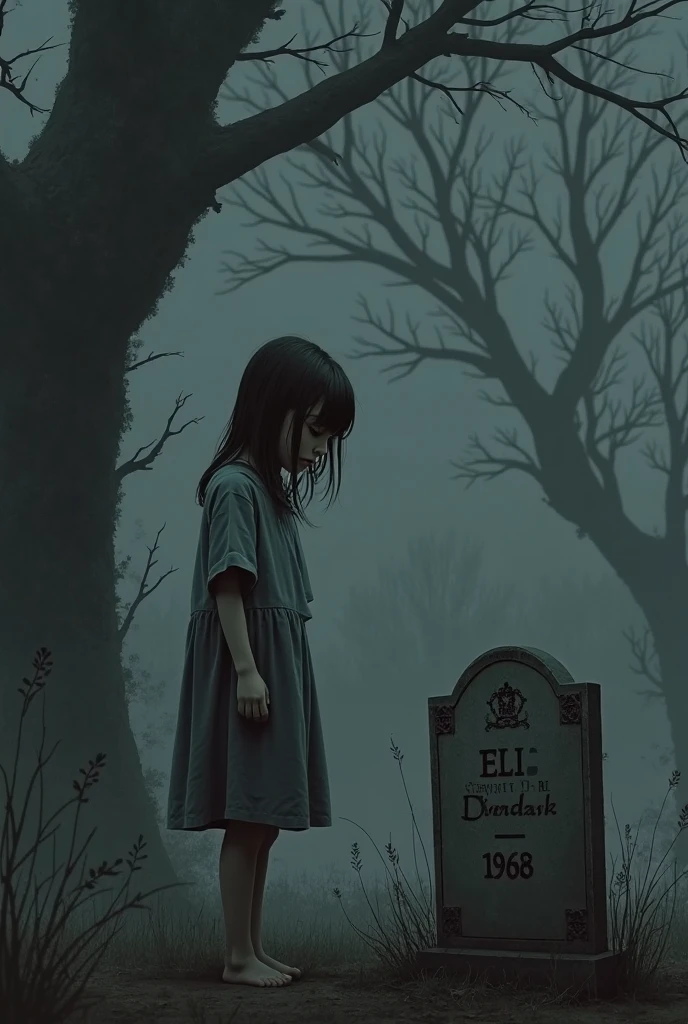 12 year old girl in a dark cemetery in the forest frame from a horror movie very scary