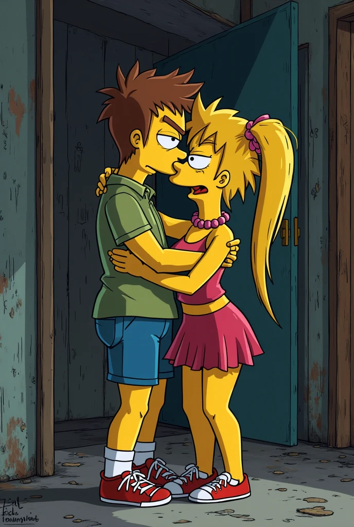 Clover, totally spies, blonde hair, medium hair, blue eyes, skinny, red top, pink skirt, bare shoulders, doggystyle position sex, fat man, alley, platform shoes, feet, on all fours