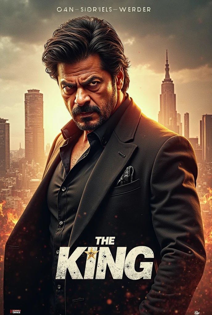 

Shah Rukh Khan, dressed in a sleek black outfit with king name writing in his dressed 
, stands with a confident swagger, smoking a ciggerate. His face is smeared with blood and 
deadly  smiling, adding a hint of ruggedness to his charming persona. In one hand, he holds a kattana, a traditional Japanese sword, its blade glinting in the light. The image exudes a sense of intensity and drama, fitting for a Bollywood action sequence and his background should have some died people which he have murder  and srk should have a don avatar