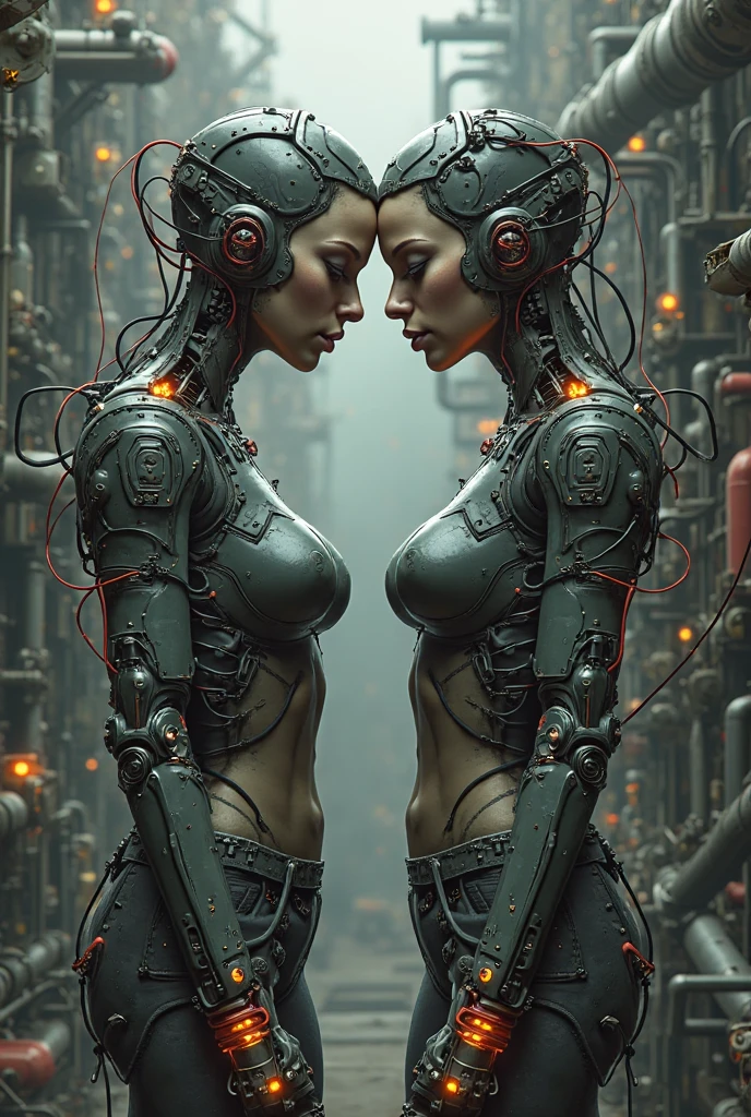The love affair between two cyborgs in the big city, high quality, best quality, absurdres, masterpiece, beautiful, intricate details, 1/2 body crop, slim body, beautiful figure, magnificent anatomy, (intricate details:1.12), HDR, (intricate details, hyper-detailing:1.15), (natural skin textures, hyper realisitc, soft light, Sharp:1.2)