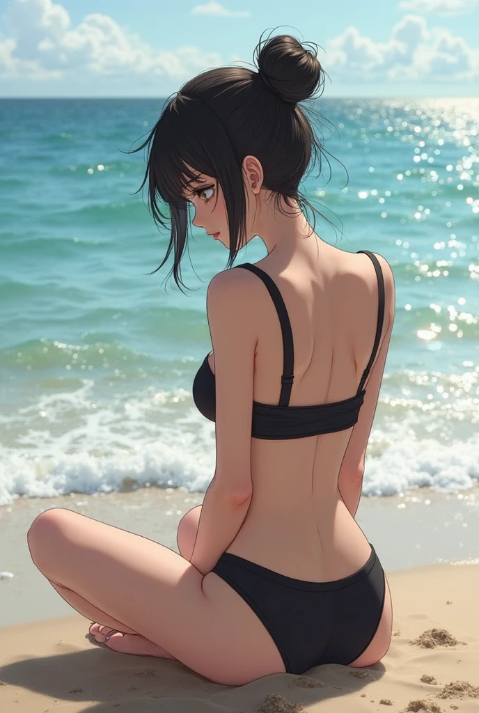 1girl brown skin have a black messy hair yellow eyes wear black bikini wear crop top hoodie on the beach