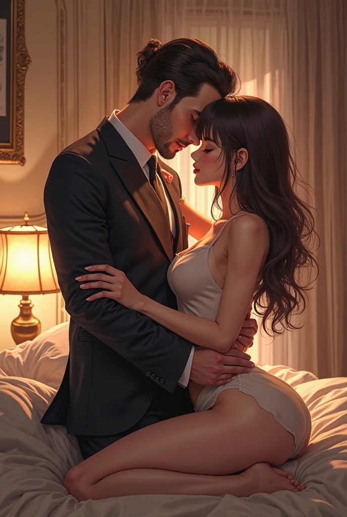 A  man holding on from behind to A busty woman in sexy night dress lingerie, stockings, ((grabbing)), breast grab, ((thigh grab)), female masturbation, biting bottom lip, seducing, desired face, closed eyes, head raised, mouth open, warm atmosphere, red checkbones, candlelight, (masterpiece), best quality, expressive eyes, perfect face