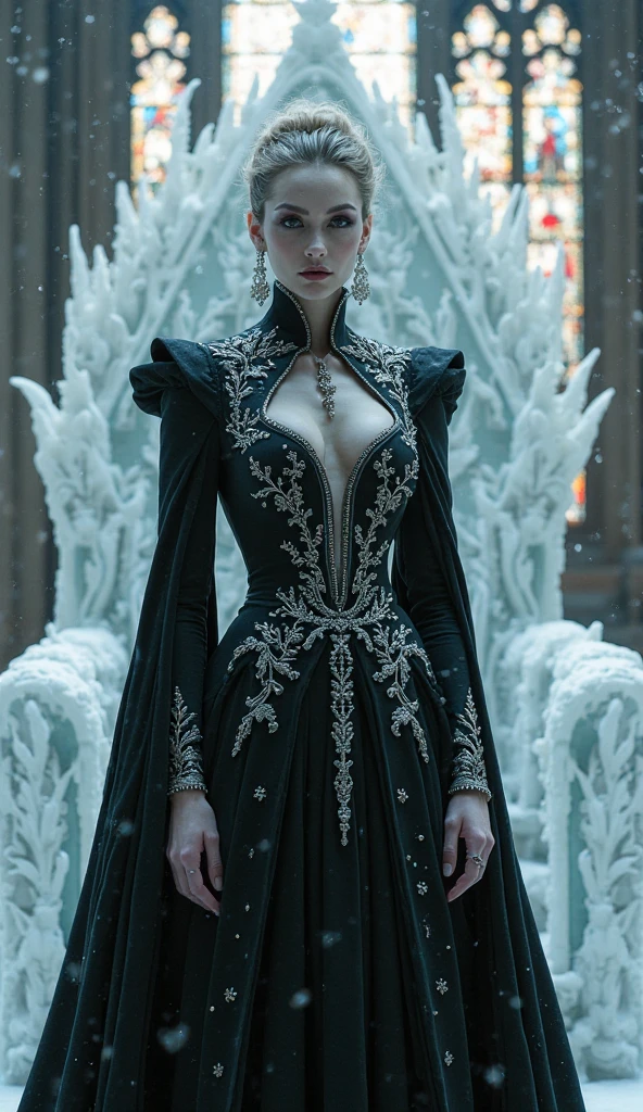 Jessica Green Gesicht, winged, Engel, show the person from head to toe, ganze Person darstellen, extrem detailliertes 8k-Hintergrundbild, kompliziert, detailreich, dramatisch, episch, heilig, the winged Albin Queen wears very detailed shoulder pads made of black steel, which are modeled on the heads of dragons and are decorated with distinctive shimmering silver decorations and ornaments, a dark gray cloak with velvety blue lining and a large hood that is pulled deep into the graceful, scowling face, nur die Blauen Augen leuchten unter der Kapuze hervor, It has extremely detailed grey/white feathered angel's wings on the back, framing them shimmering and graceful , wahnsinnig realistischen Grafiken, wahnsinnig detaillierten Details, ultra realistic and very detailed black long figure accentuated royal dress that reaches to the floor the long sleeves are decorated with shiny silver embellishments and pronounced gold embroidery and white lace at the hem and neckline of the dress, Extremely detailed heavy black leather boots with distinctive silver shimmering embellishments and ornaments, das Licht wird von den Verzierungen reflektiert, sie geht anmutig den Gang des Schlosses entlang, during the leisurely walk through the gloomy cathedral, cones of light shine through the high windows of the cathedral, on her dress, a blue rose blossom protrudes from her chest,
