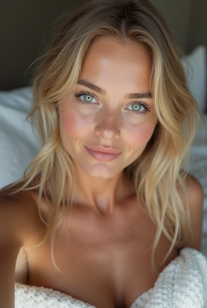 create an influencer,blonde hair,Scandinavian,light eyes,light brown skin, spotty, girl next door,detailed body to face, im Bett, 8k resolution,body should be completely visible, Full body, tanned, smal brest