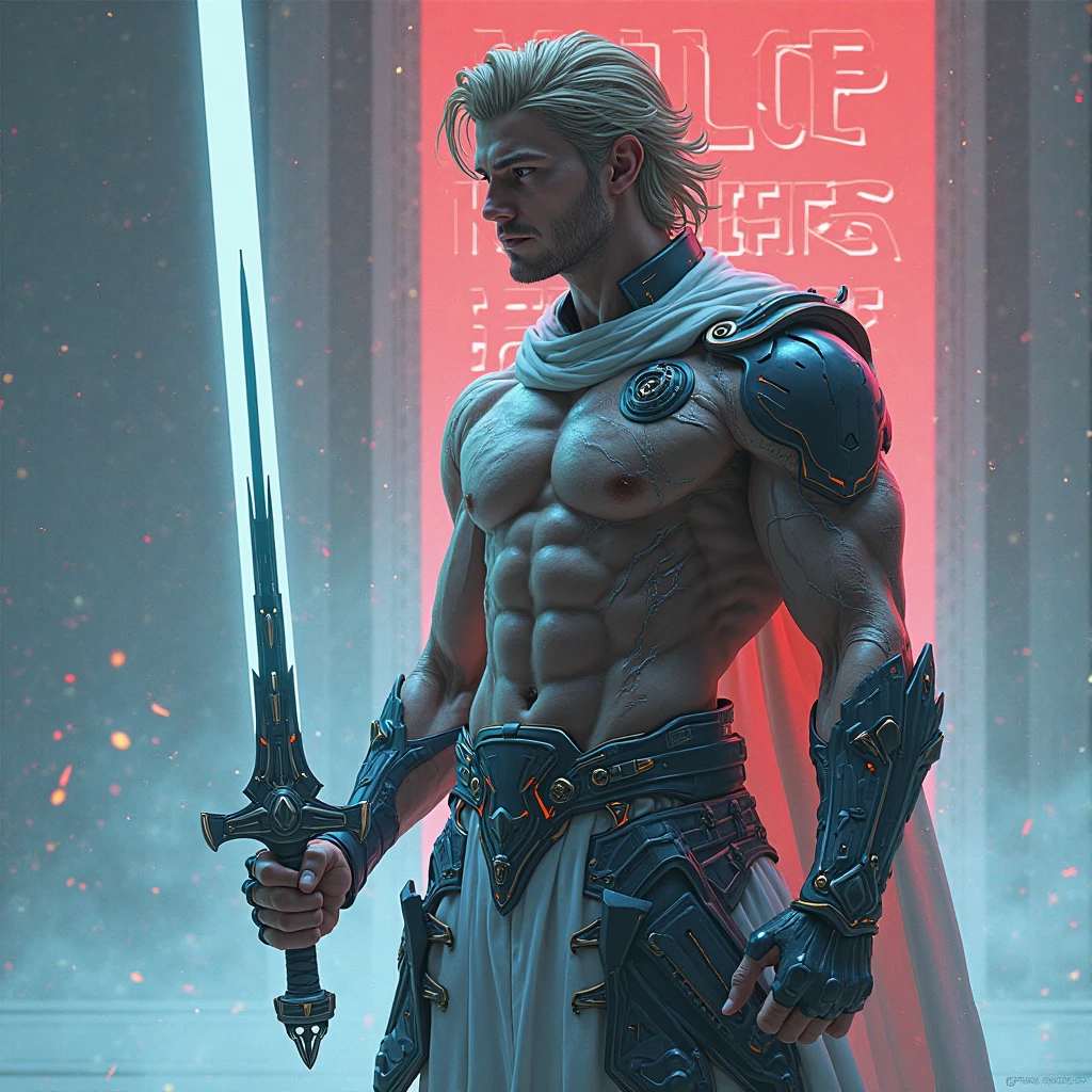 A muscular young man in sith armor, blonde hair, Blonde short beard, long pants, magical castle, detailed face, highly detailed, 8k, photorealistic, dramatic lighting, fantasy, cinematic, lush colors, intricate details, Red lightsaber, Shirtless