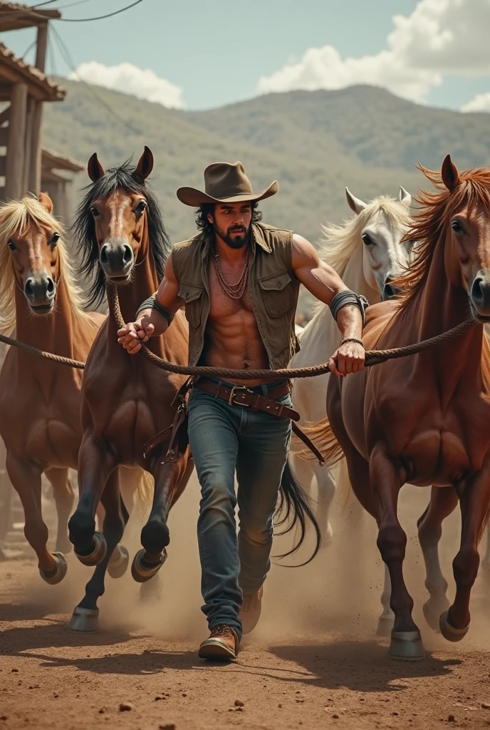 5 sexy cowboy man shirtless on a horse farm some shirtless and one wearing striped shirt