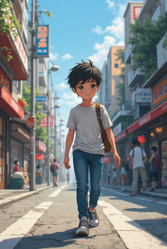 4k), small male child in orange shorts with a huge bulge in the middle and a sweatshirt that falls off, is jumping from one building to another, sin camiseta y sin zapatos, that covered with blue roses, y orar, Luz antiniebla, Impresionismo, 2d, (Espinas: 1.1), (dead tree: 1.1) Enfocado en los pies, Pies de cerca