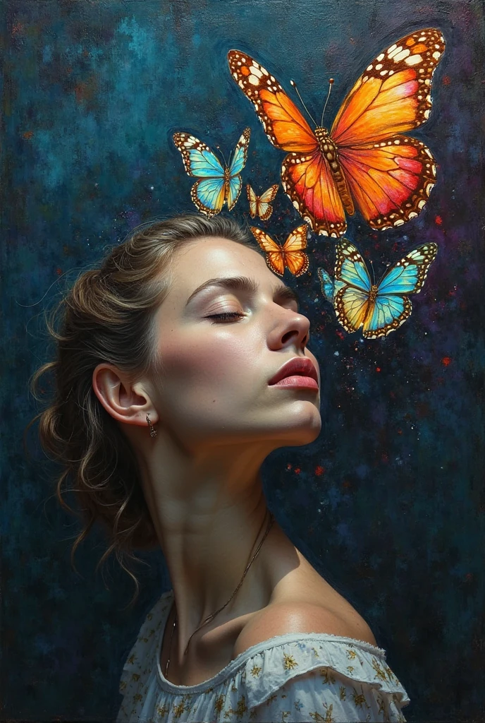 expressionist artwork image showing the spiritual connection between a beautiful very busty nude woman, a butterfly and philosophy. The woman is shown with spread legs and the image focuses on her intimate play with her vagina