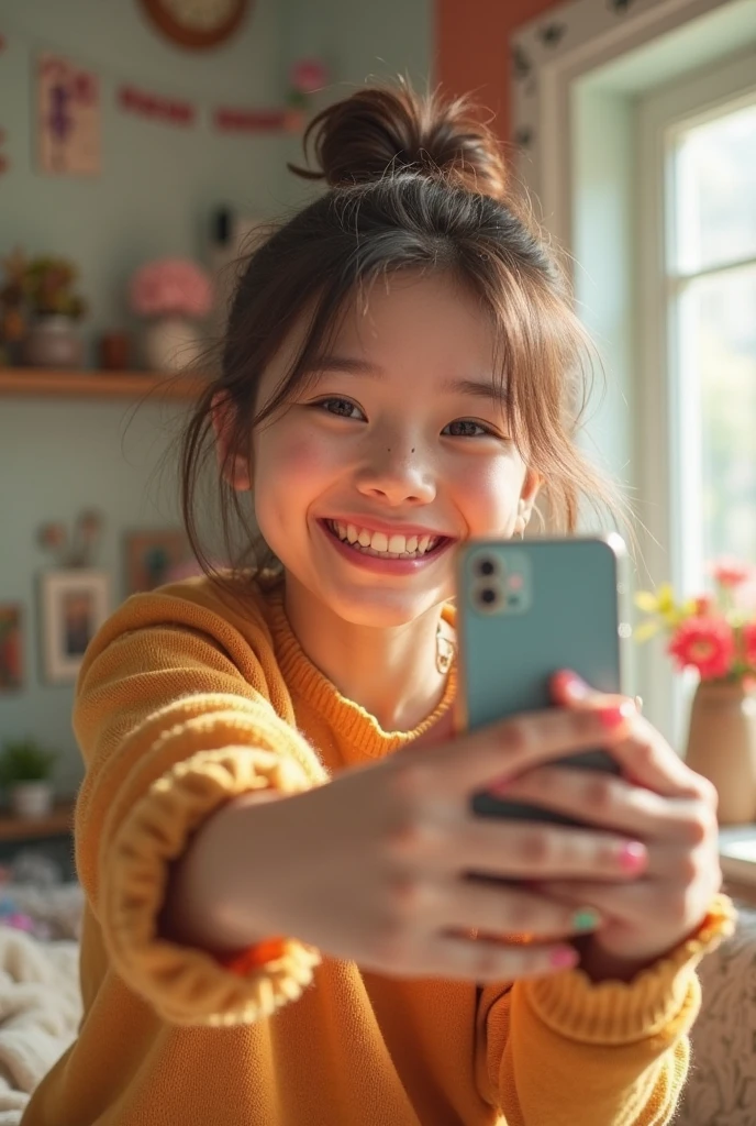 A beautiful 3.5 year old Asian girl with short pony hair is sitting in front of a dressing table in a pink bedroom. The girl was wearing a pink dress. The girl is seen smiling while holding a cellphone, as if she is doing a pose for a selfie. In front of the girl, she saw make-up equipment on the dressing table.