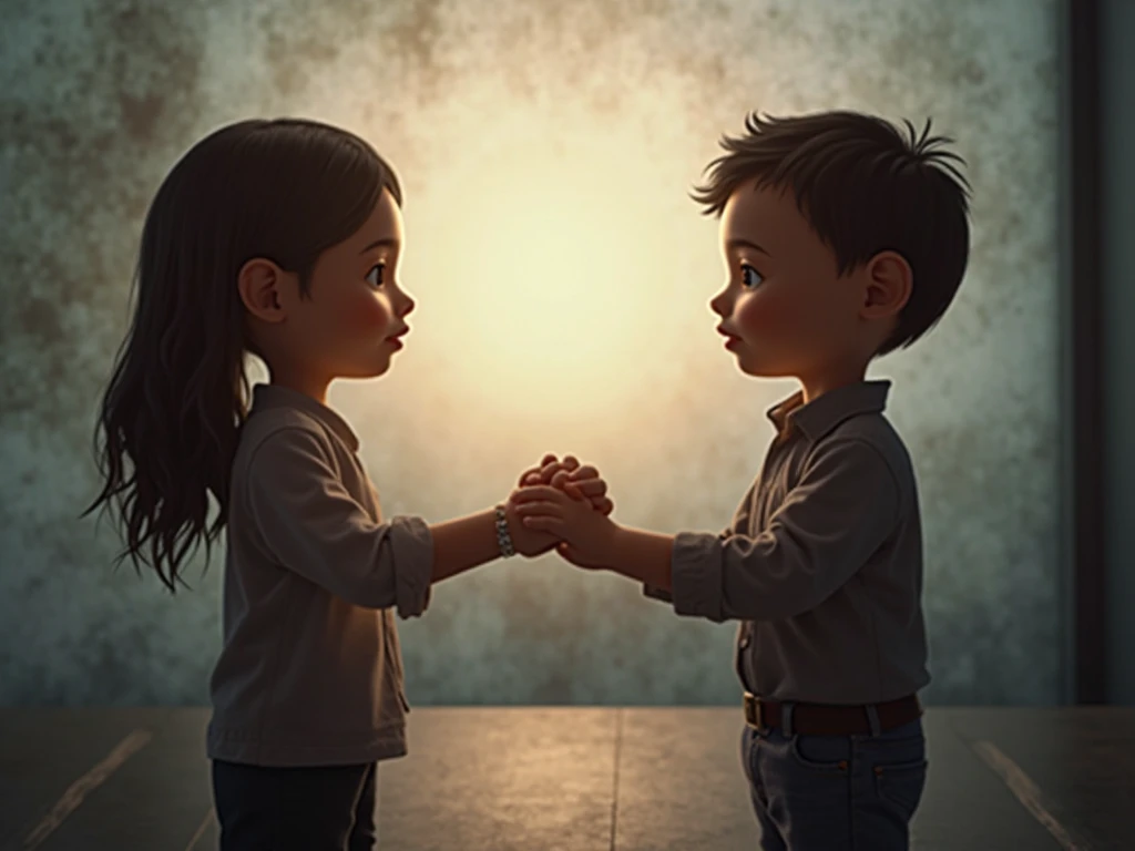 Title: "The Fading Touch"Description: The boy and girl stand facing each other but are moving in opposite directions. Their hands are reaching out but are just about to lose contact. The dark background highlights the separation and the fading connection.