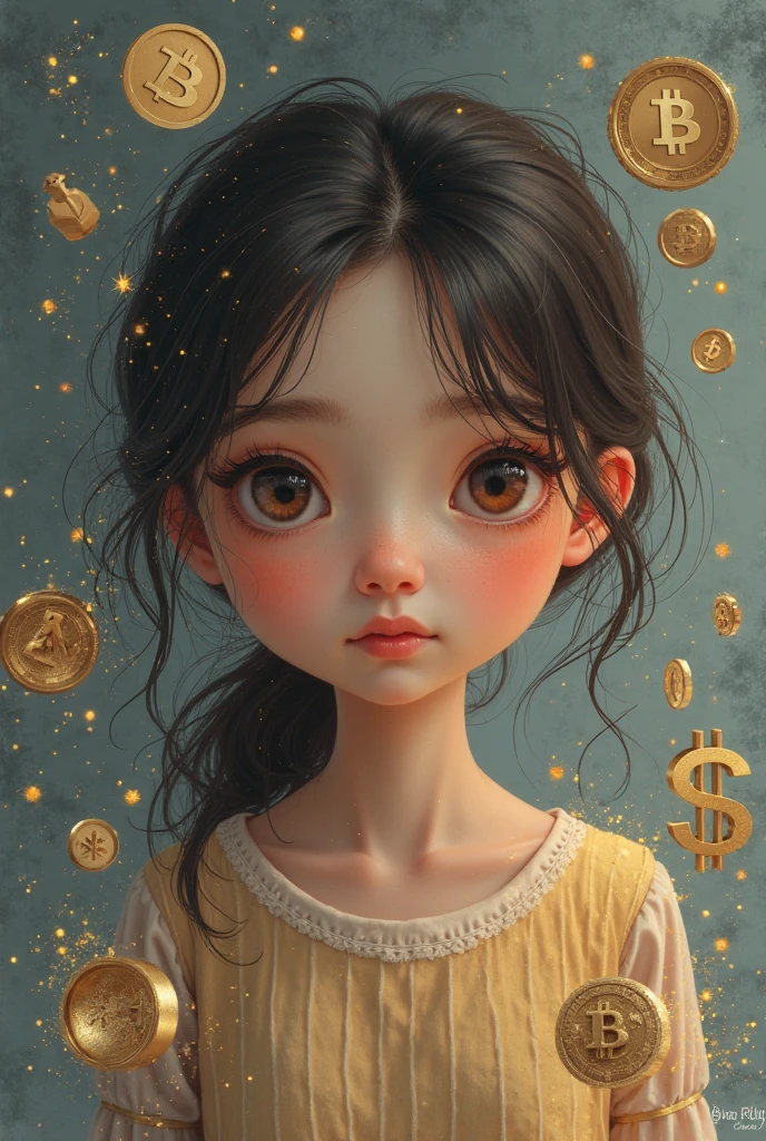 gold background ,gold coins, A little baby cute girl, holding a lot of money