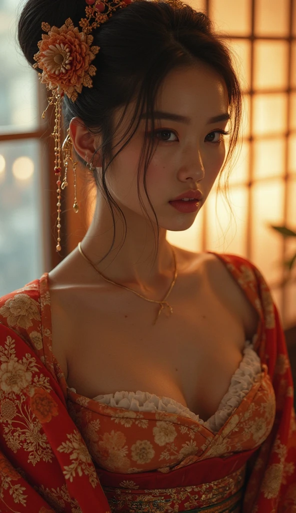 A beautiful woman with her kimono in disarray staring at me