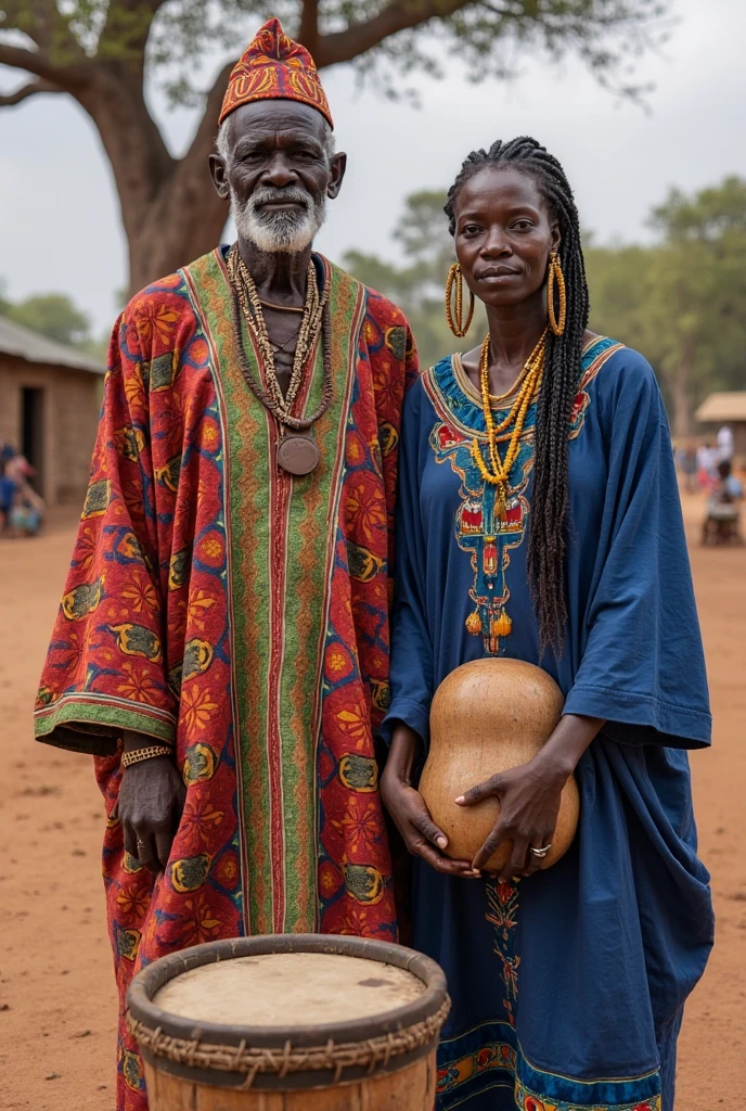 Créer une image de Met Bayi avec son bâton Legba, cheveux blancs très longs ainsi que ses moustaches., se promenant au marché de Gonaïves, Haïti avec sa jeune femme Sasoune de 38 ans très belle femme afro-américaine,  De beaux yeux., cheveux naturels long,Portant des habits traditionnels blancs avec des colliers. Cadre lumineux, ils sont au mîieu du marché, les marchands, les etalages, les passants visibles
