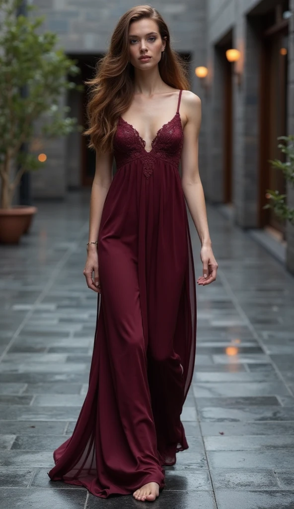 Brunette instagram influencer, standing up partially bent over, taking off her burgundy satin nighty, legs spread apart, posing for a photo, well lit, relaxed, olive wall, hardwood floors, wearing high heels, brightly lit