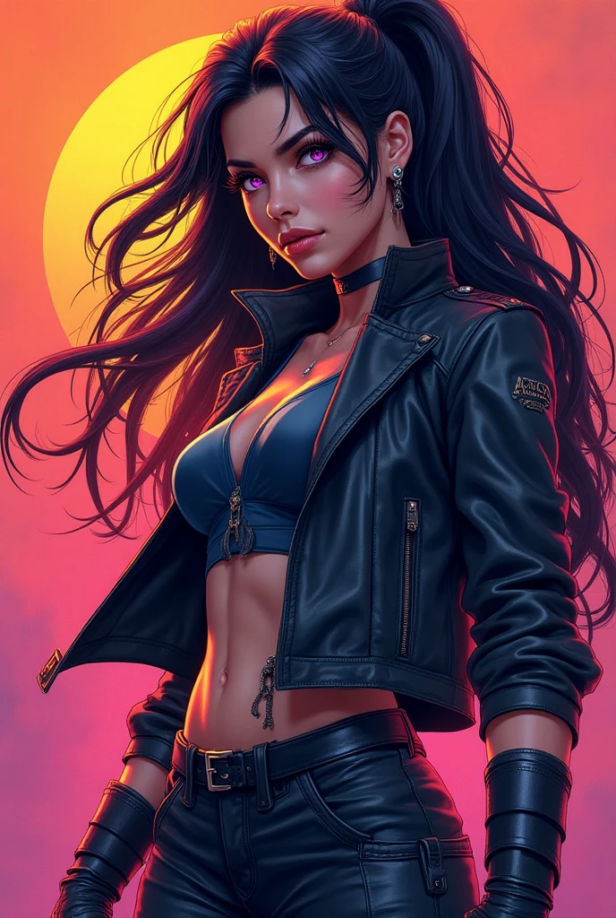Ai anime biker girl, Hispanic, 2. Nose piercing, black long hair. Biker jacket, 5'3
