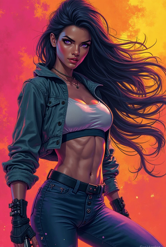 masterpiece, best quality, high resolution, draw, comic, hyper realism, jortega, alone, long hair, black hair, slim and athletic body, small breasts, vampire, ((red eyes)), fangs, ((wearing blue jeans and black shirt)), very soft light, black night, concept art, horror, dark, very dark, art by Yoji Shinkawa, ink and watercolor, ((concept-art)), ((white background))