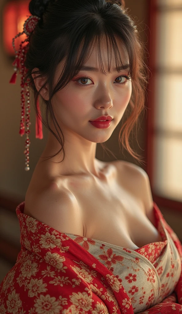 Top quality, Masterpiece, Super high resolution, (Realistic:1.5), RAW photo, 1 woman, off the shoulder, Japanese oiran, fancy kimono, décolletage,