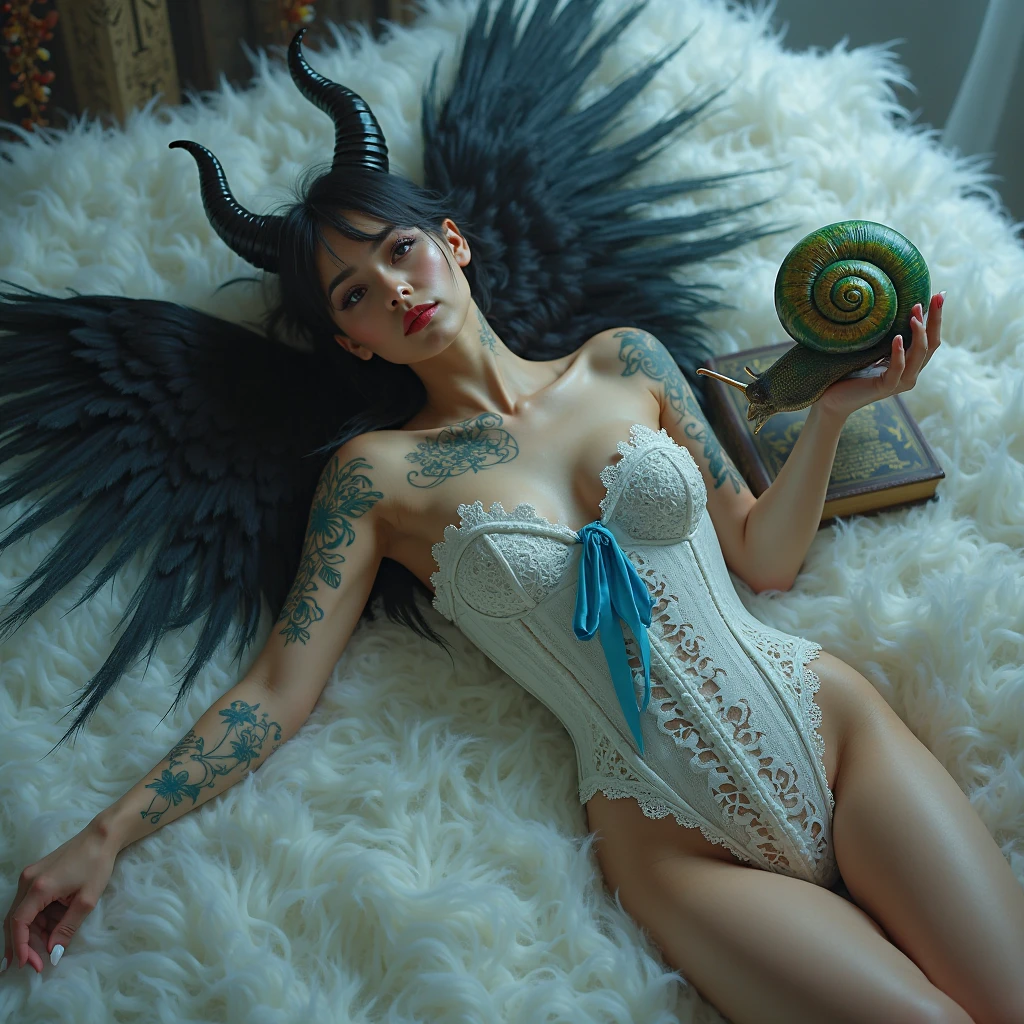 there is a woman with a tattoo on her back and a cat sitting on the bed, with black pigtails, angelic wings on her back, bladed wings lace wear, villainess has black angel wings, seen from behind, view from behind, very sexy outfit, cruel korean goth girl, shot from the back, shot from behind, view from the back, backview, lace lingerie, lingerie, ass, black lingerie